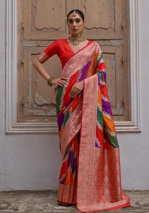 Red Zari Woven Silk Blend Saree Set