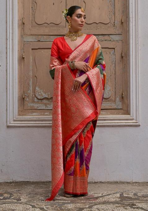 Red Zari Woven Silk Blend Saree Set