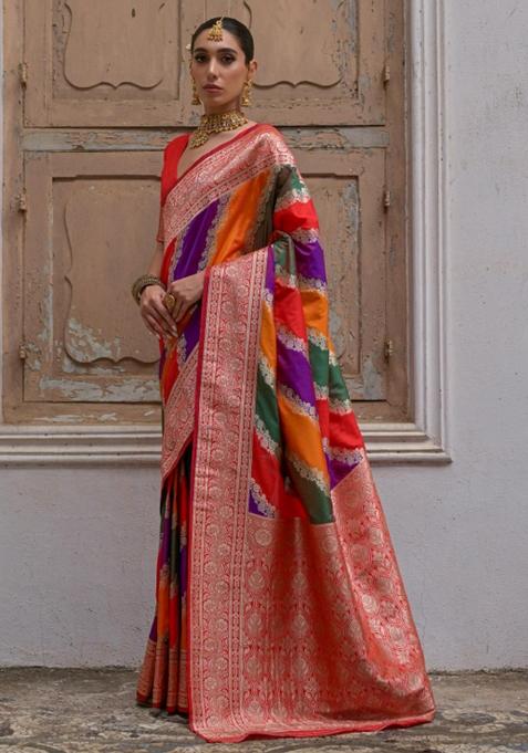 Red Zari Woven Silk Blend Saree Set