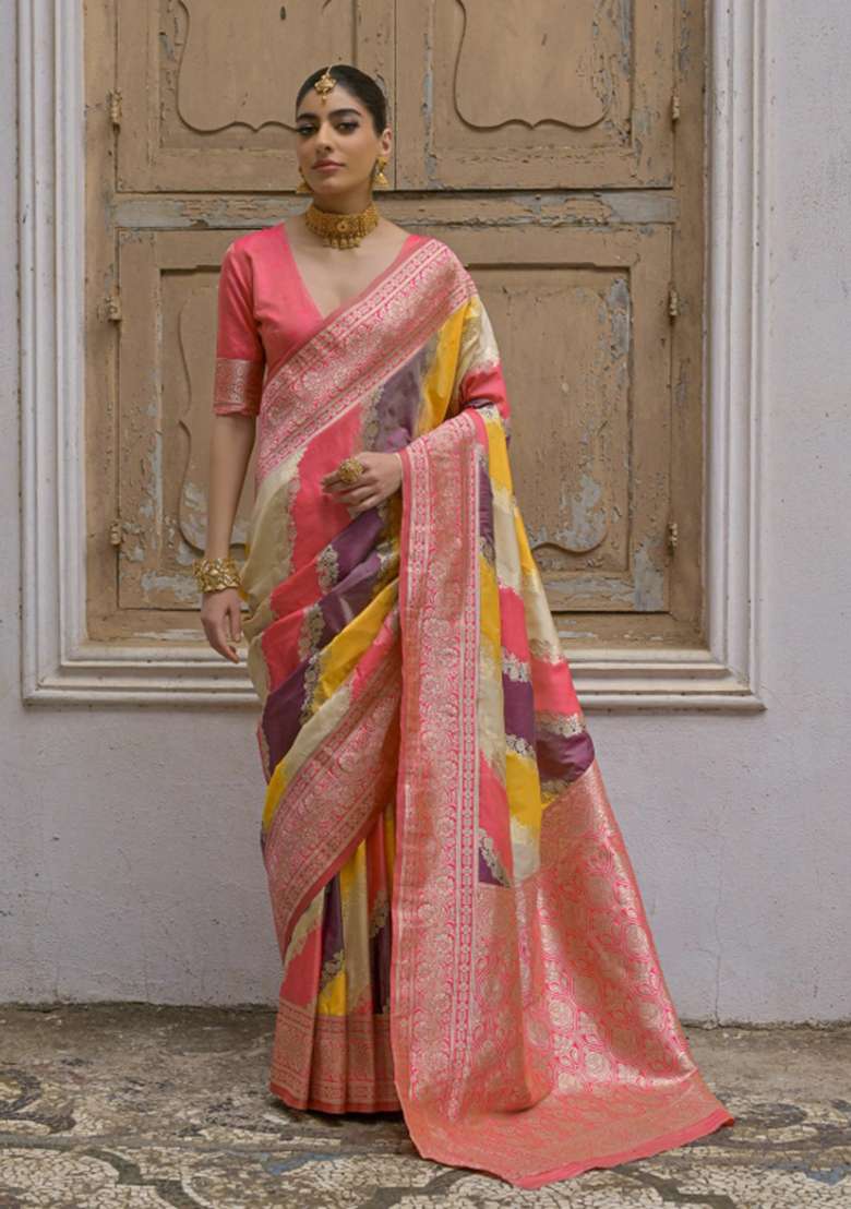 Pink Zari Woven Silk Blend Saree Set for Diwali | Wedding & Festive Wear - Indya