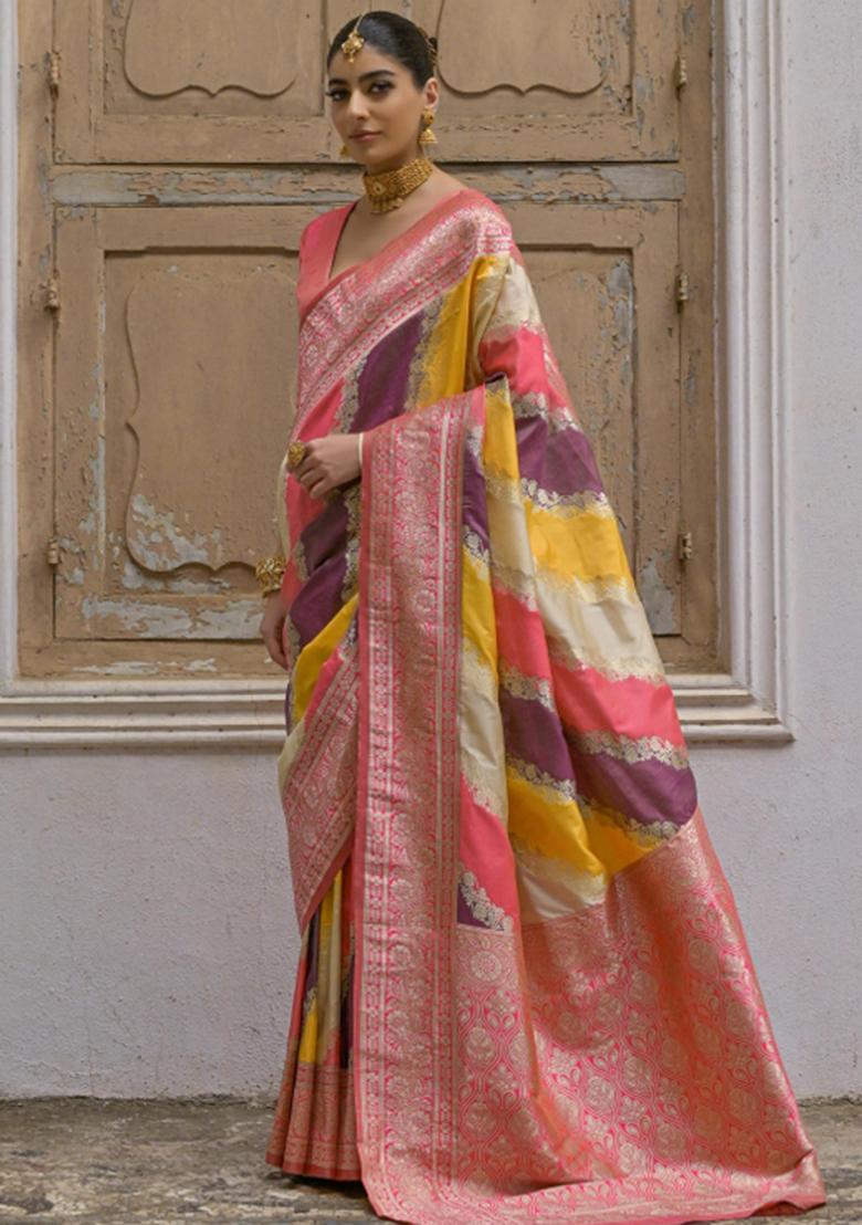 Pink Zari Woven Silk Blend Saree Set