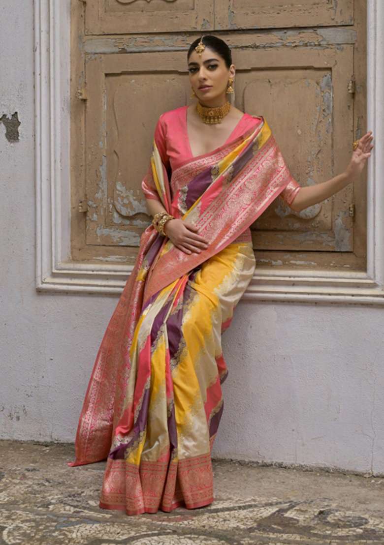 Pink Zari Woven Silk Blend Saree Set for Diwali | Wedding & Festive Wear - Indya