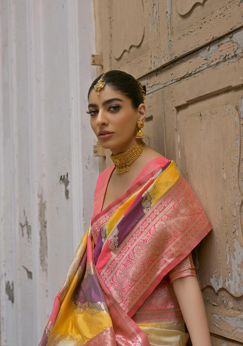 Pink Zari Woven Silk Blend Saree Set