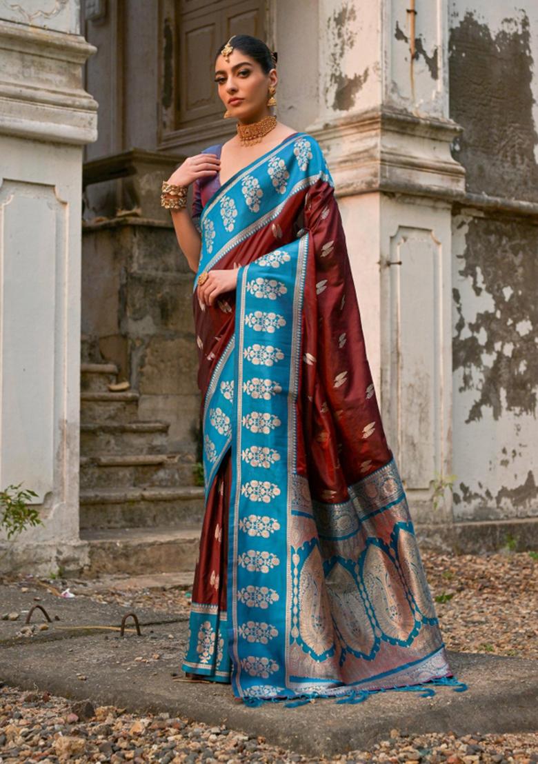 Blue Zari Woven Silk Blend Saree Set
