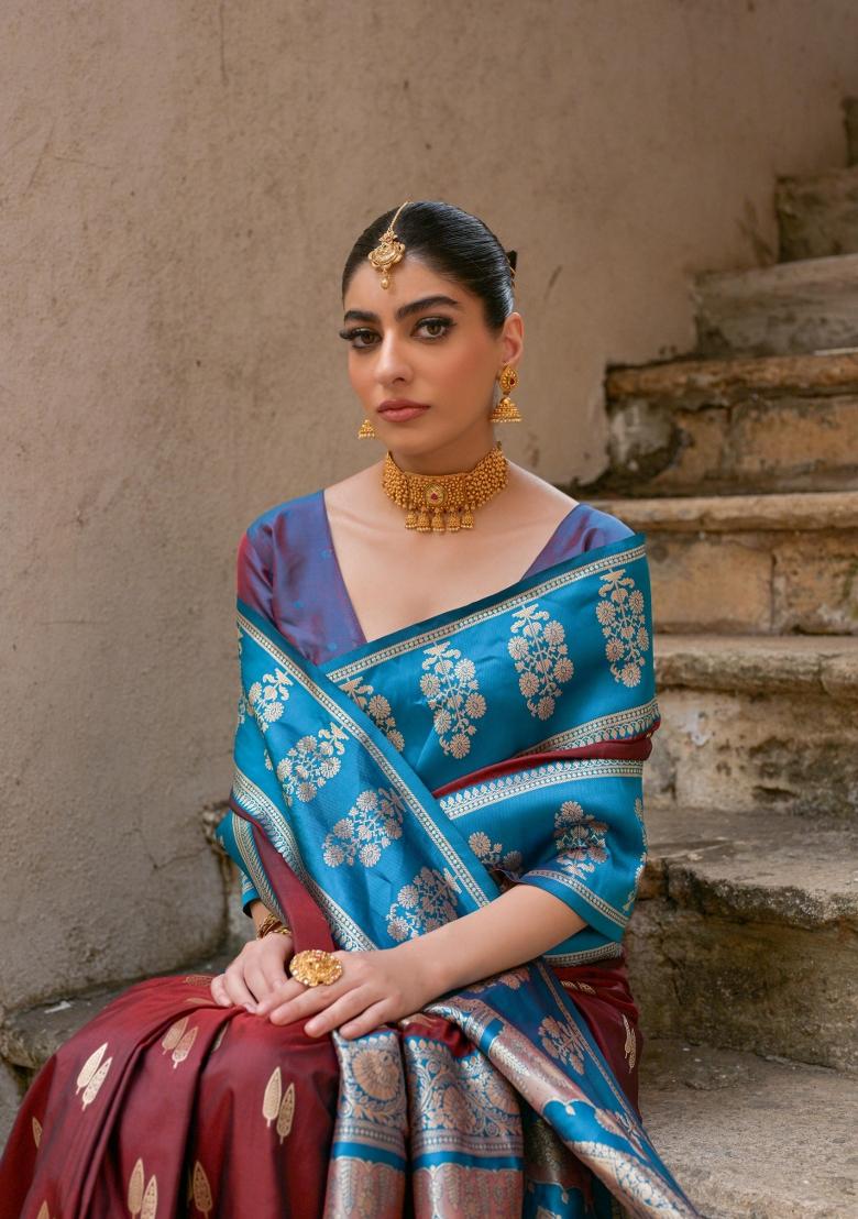 Blue Zari Woven Silk Blend Saree Set