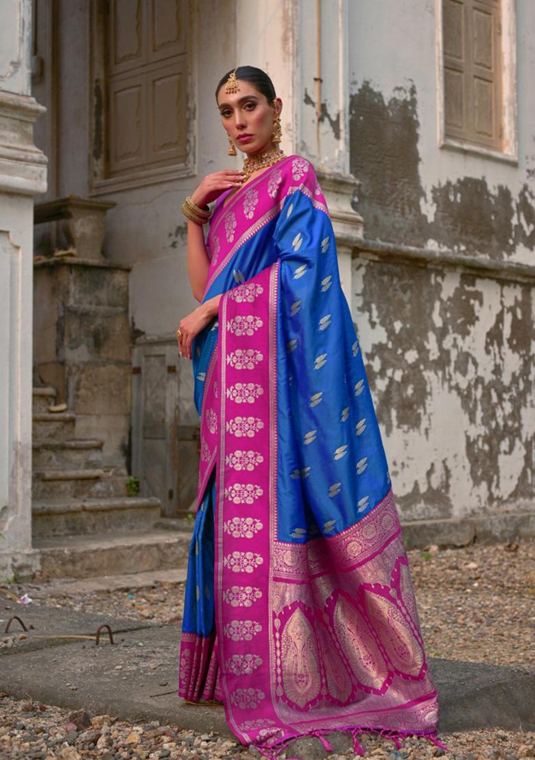 Pink Zari Woven Silk Blend Saree Set