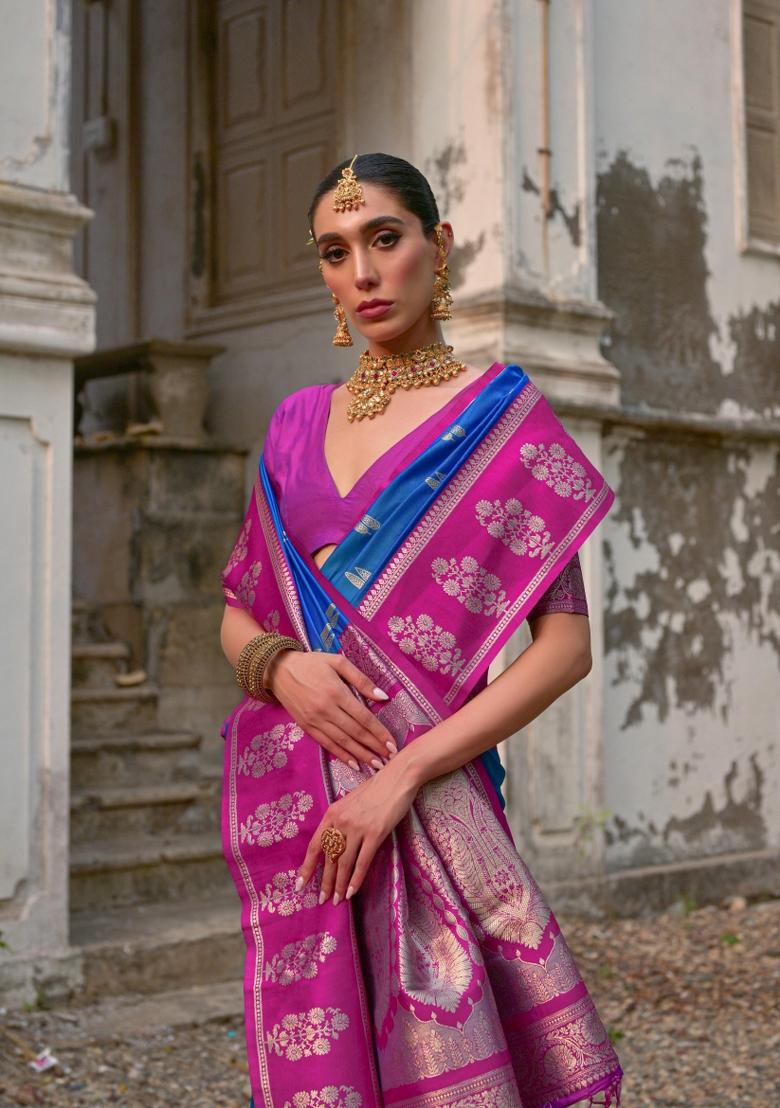 Pink Zari Woven Silk Blend Saree Set