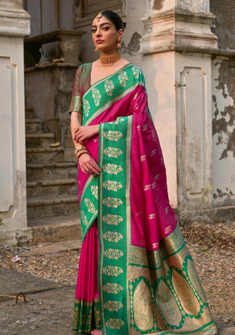 Green Zari Woven Silk Blend Saree Set