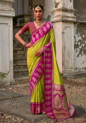 Pink Zari Woven Silk Blend Saree Set