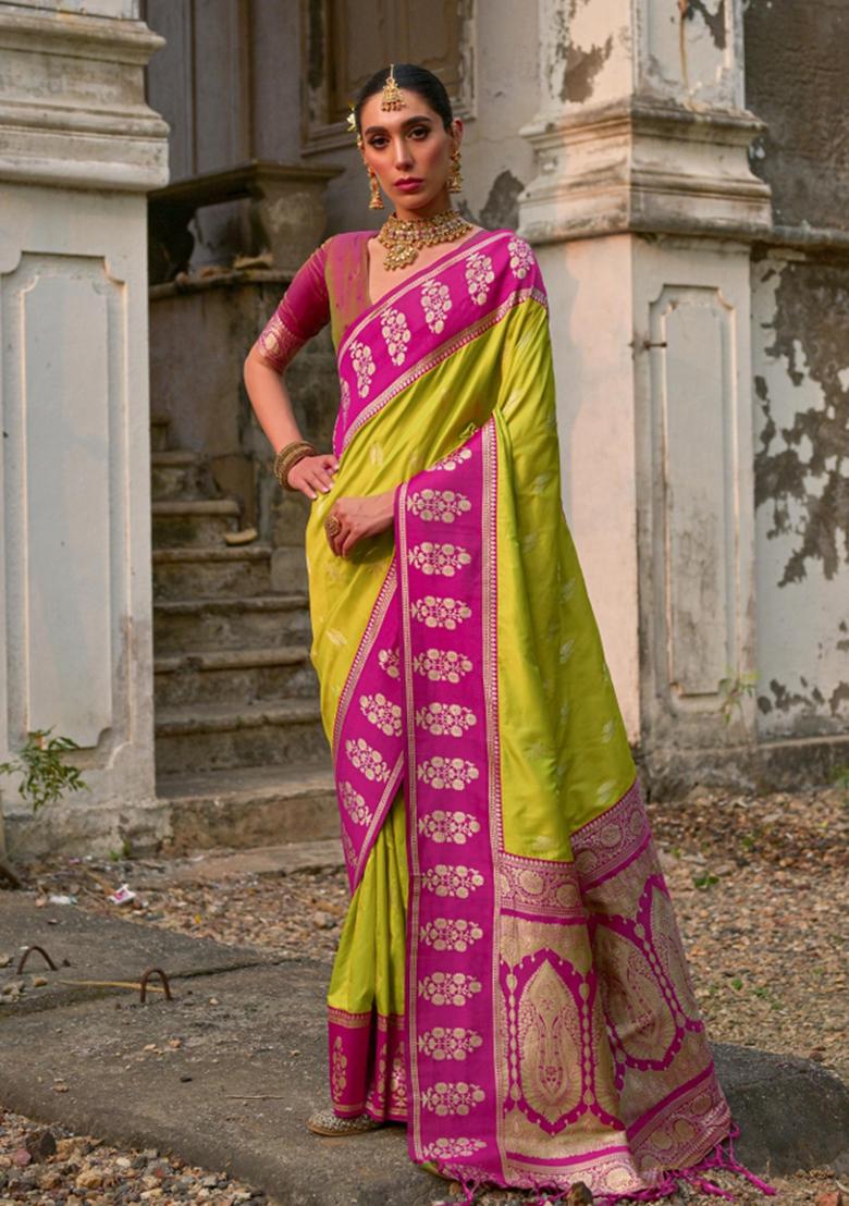 Pink Zari Woven Silk Blend Saree Set