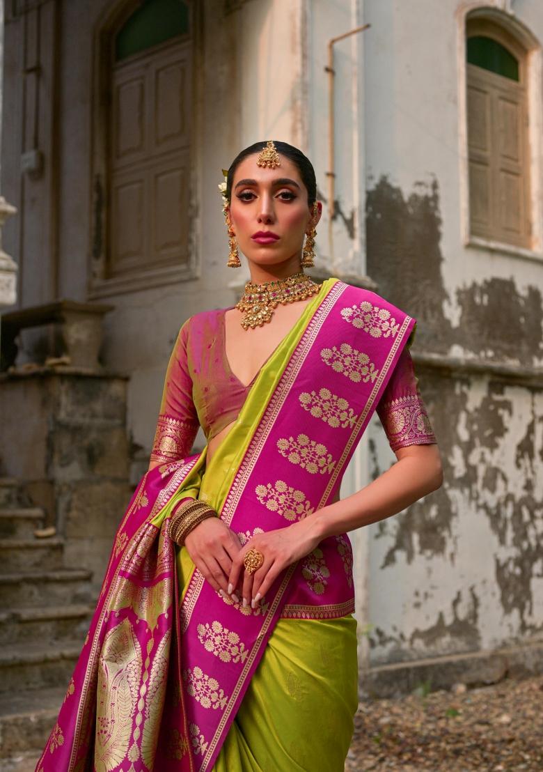 Pink Zari Woven Silk Blend Saree Set