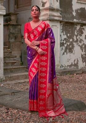 Red Zari Woven Silk Blend Saree Set