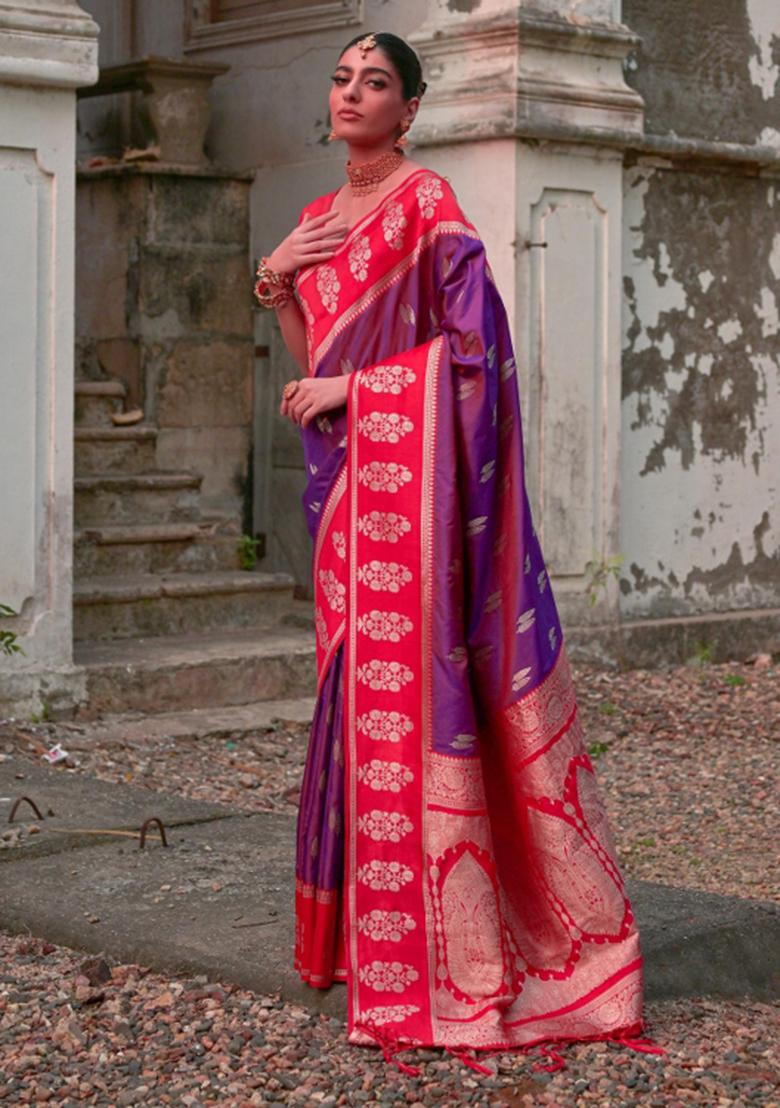Red Zari Woven Silk Blend Saree Set