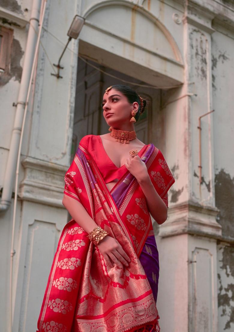 Red Zari Woven Silk Blend Saree Set