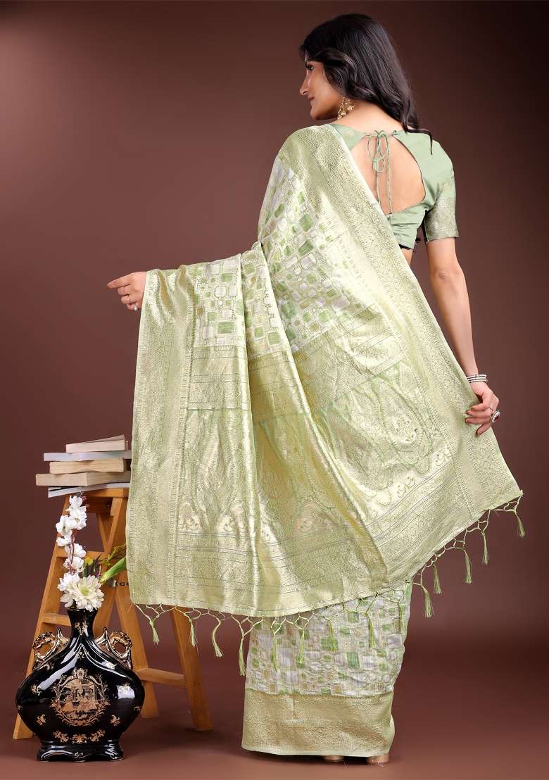 Light Green Zari Woven Cotton Blend Saree Set - Indya