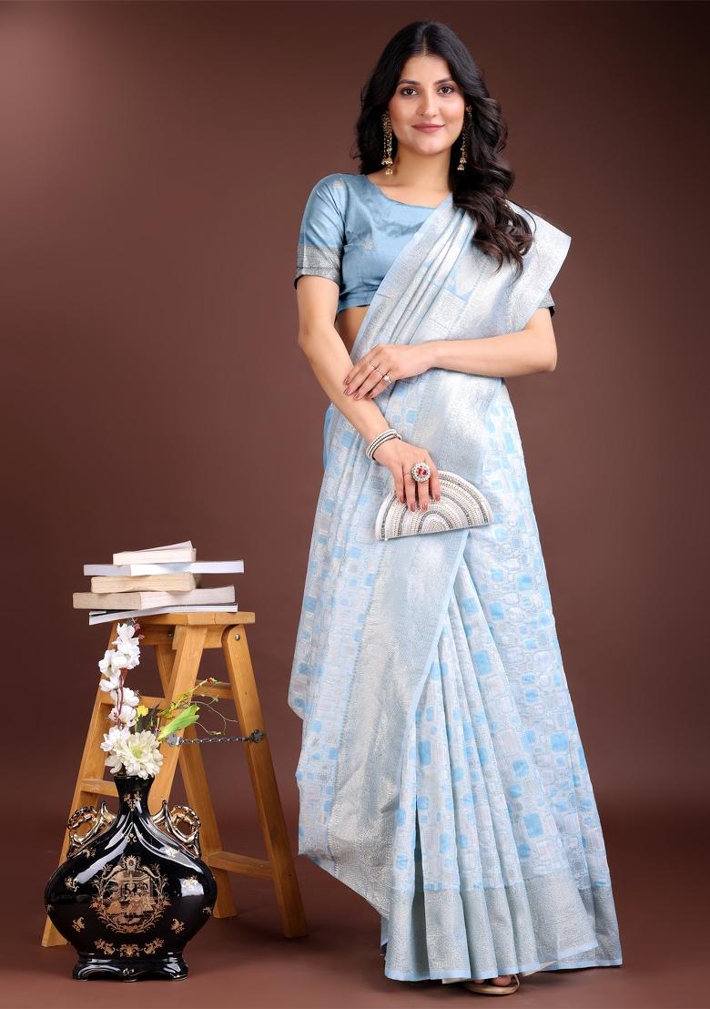 Sky Blue Zari Woven Cotton Blend Saree Set