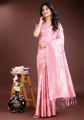 Pink Zari Woven Cotton Blend Saree Set