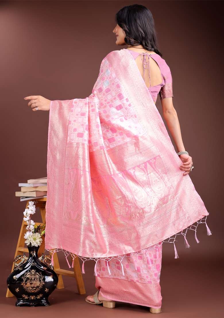 Pink Zari Woven Cotton Blend Saree Set - Indya