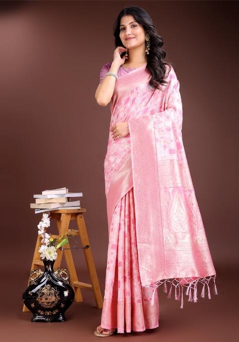 Pink Zari Woven Cotton Blend Saree Set