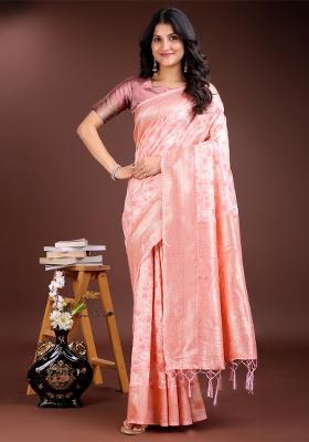 Peach Zari Woven Cotton Blend Saree Set