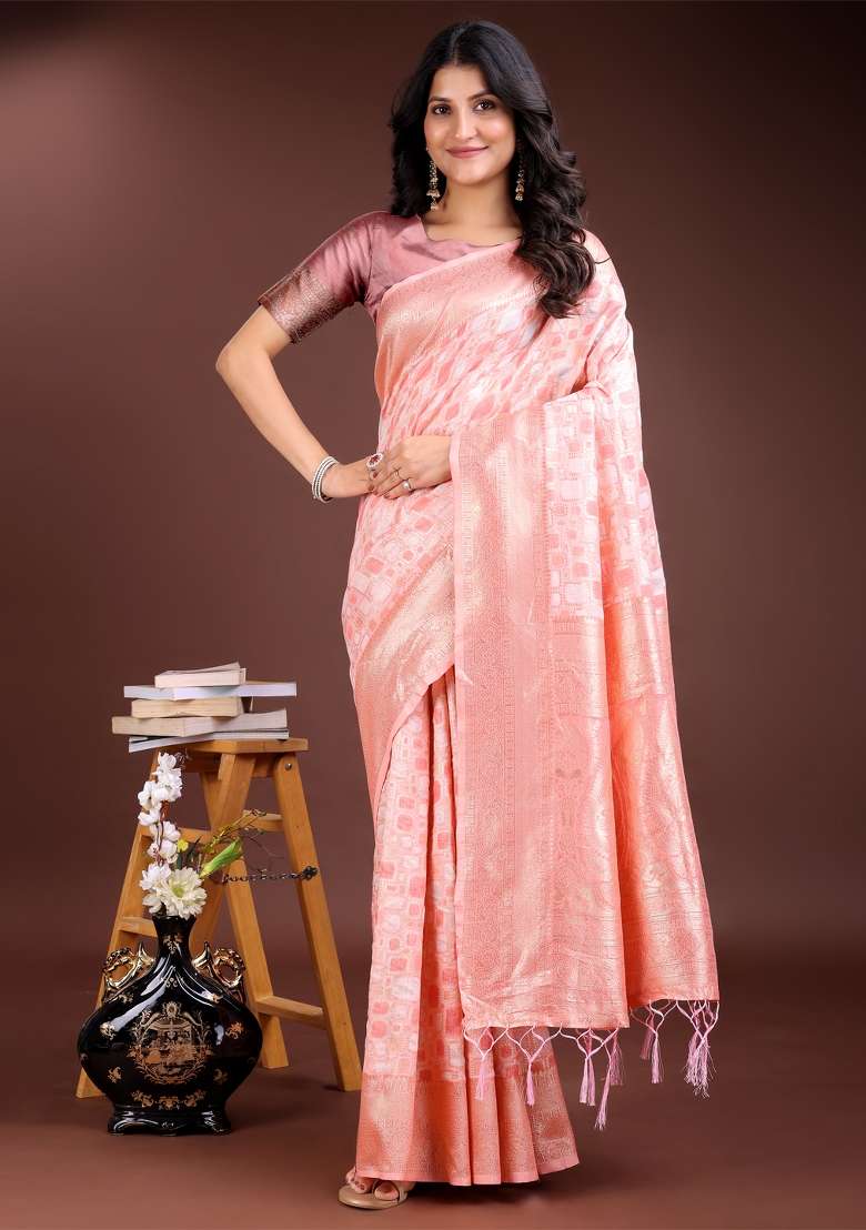 Peach Zari Woven Cotton Blend Saree Set - Indya