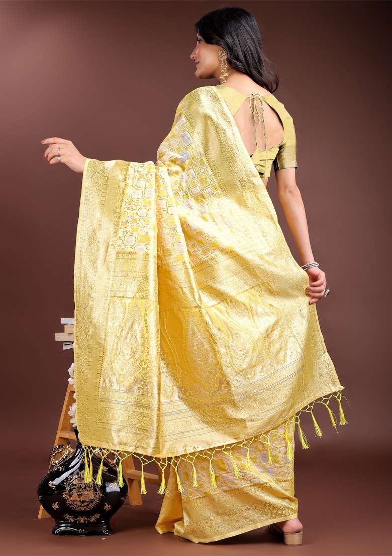 Yellow Zari Woven Cotton Blend Saree Set - Indya