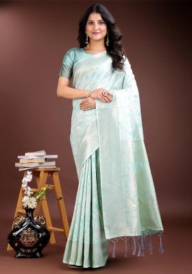 Sea Green Zari Woven Cotton Blend Saree Set