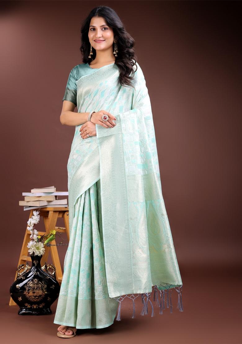 Sea Green Zari Woven Cotton Blend Saree Set
