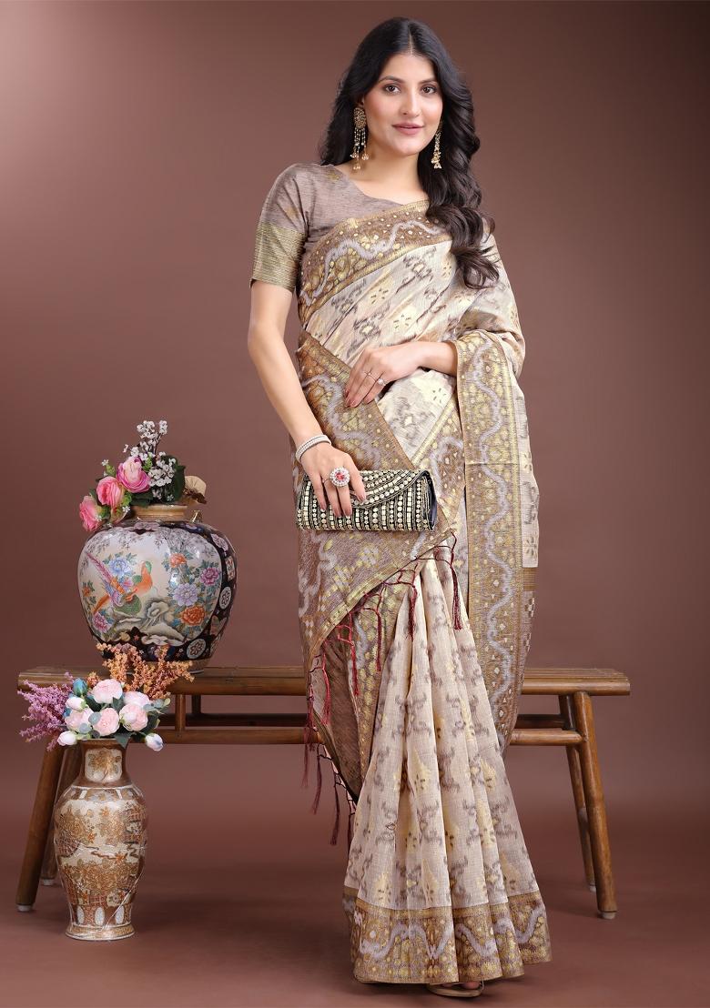 Brown Zari Woven Cotton Blend Saree Set