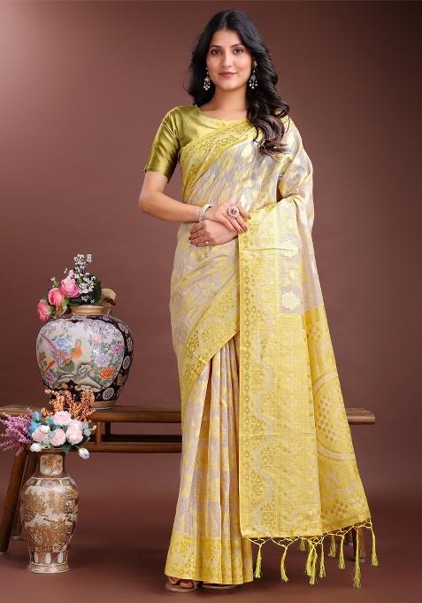 Yellow Zari Woven Cotton Blend Saree Set