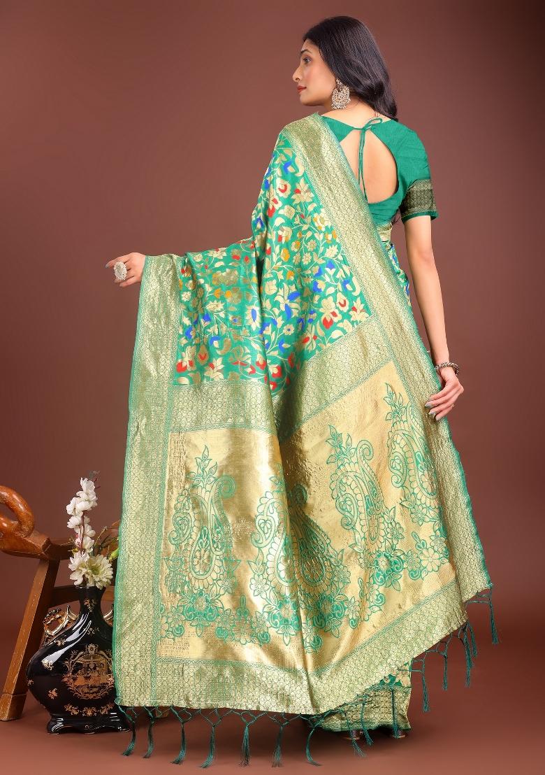 Green Zari Woven Silk Blend Saree Set