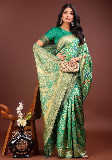 Green Zari Woven Silk Blend Saree Set