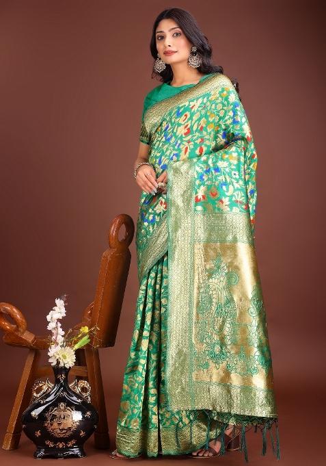 Green Zari Woven Silk Blend Saree Set