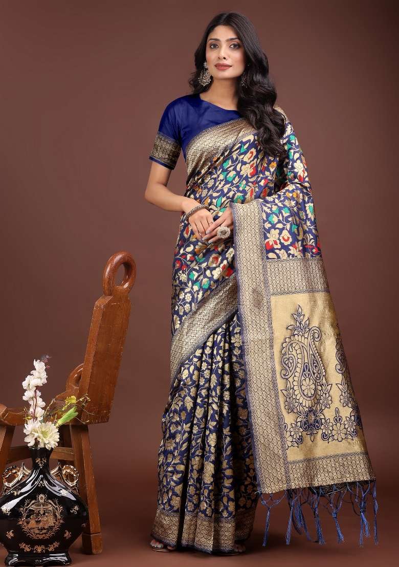 Navy Blue Zari Woven Silk Blend Saree Set - Indya