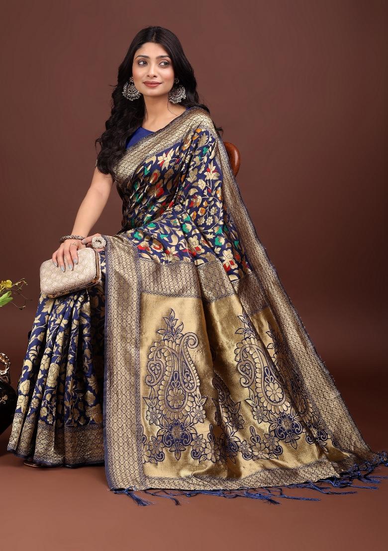 Navy Blue Zari Woven Silk Blend Saree Set