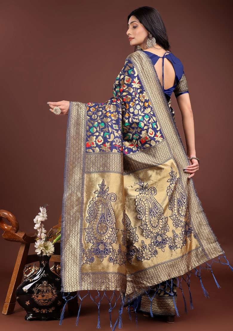Navy Blue Zari Woven Silk Blend Saree Set - Indya