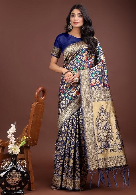 Navy Blue Zari Woven Silk Blend Saree Set