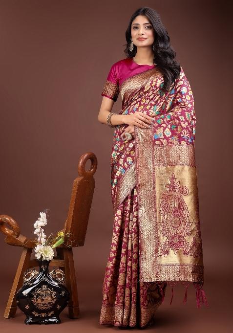 Magenta Zari Woven Silk Blend Saree Set