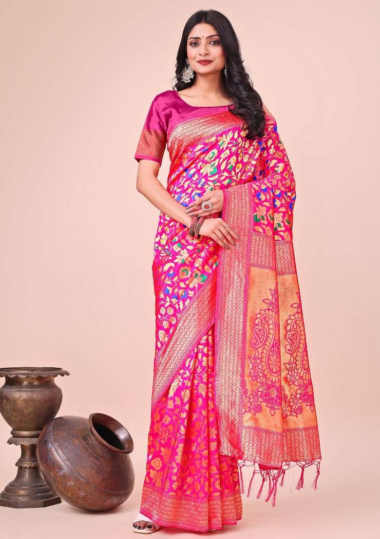 Pink Zari Woven Silk Blend Saree Set - Indya