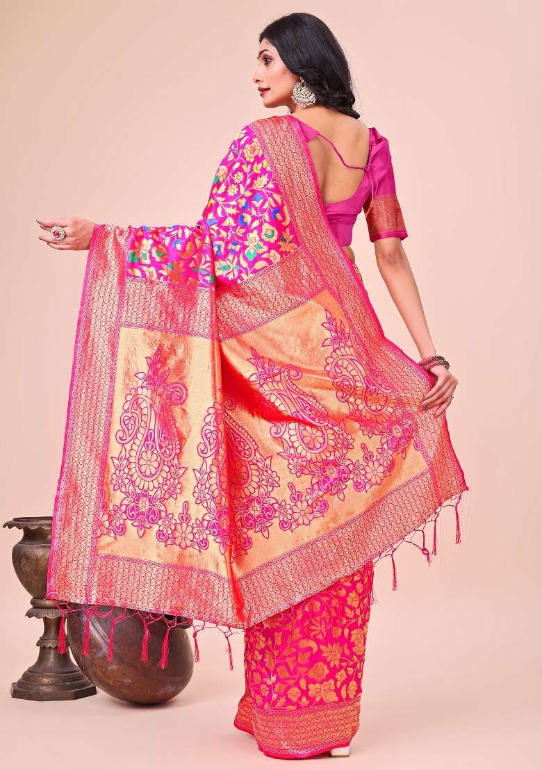 Pink Zari Woven Silk Blend Saree Set - Indya