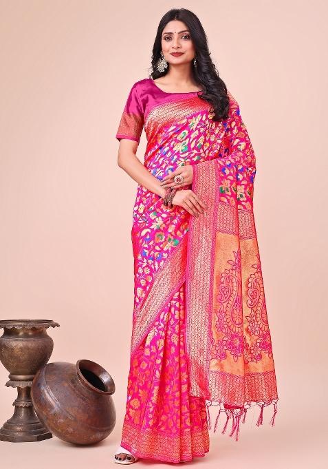 Pink Zari Woven Silk Blend Saree Set