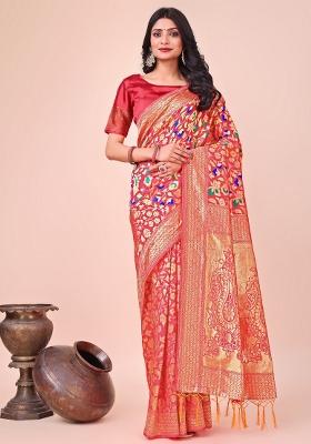 Maroon Zari Woven Silk Blend Saree Set