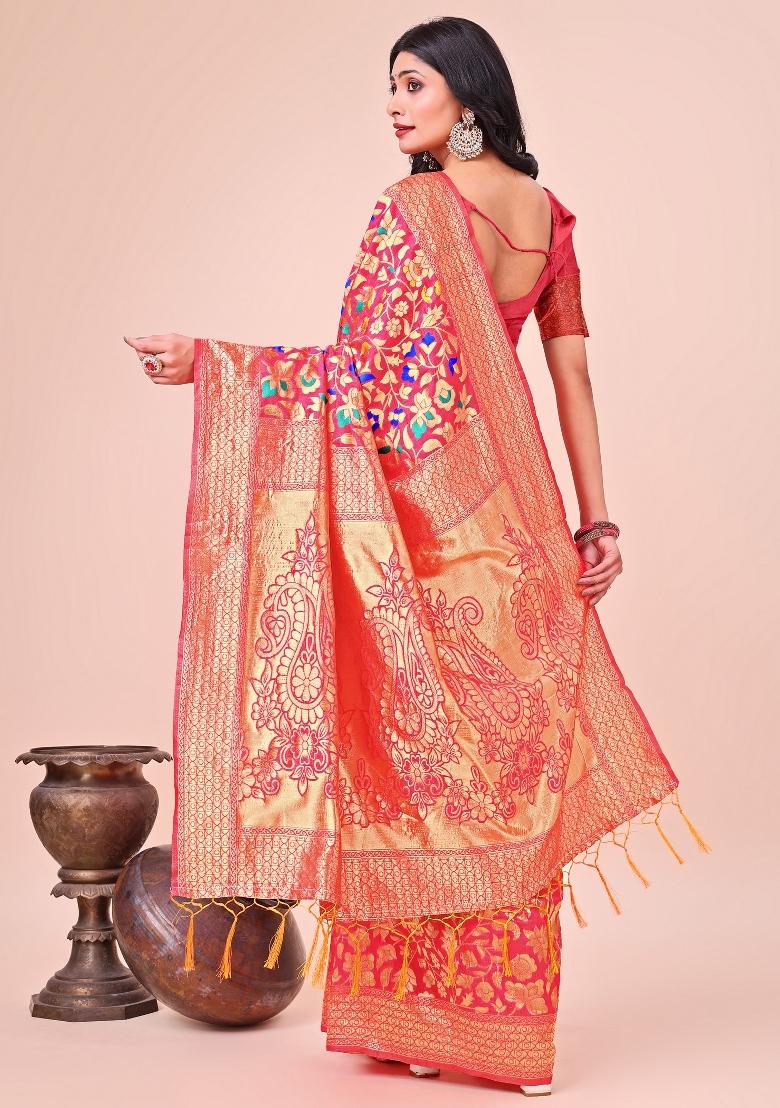 Maroon Zari Woven Silk Blend Saree Set