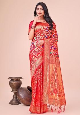 Red Zari Woven Silk Blend Saree Set