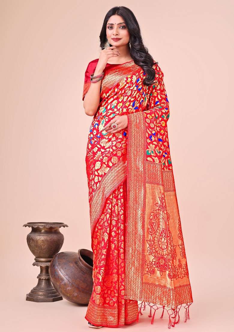 Red Zari Woven Silk Blend Saree Set - Indya