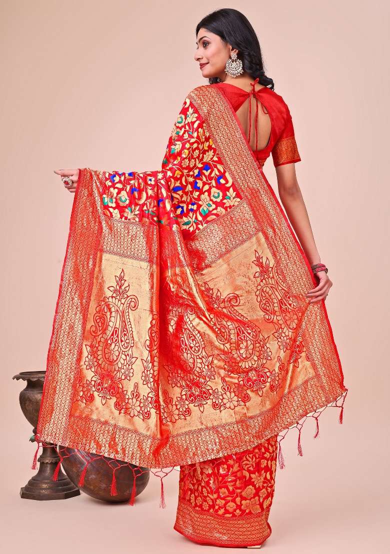 Red Zari Woven Silk Blend Saree Set - Indya
