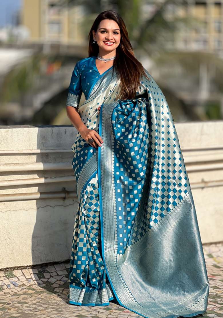 Teal Blue Zari Woven Silk Blend Saree Set - Indya