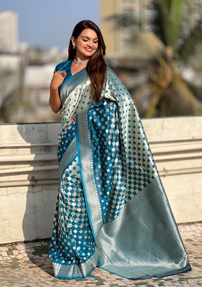 Teal Blue Zari Woven Silk Blend Saree Set