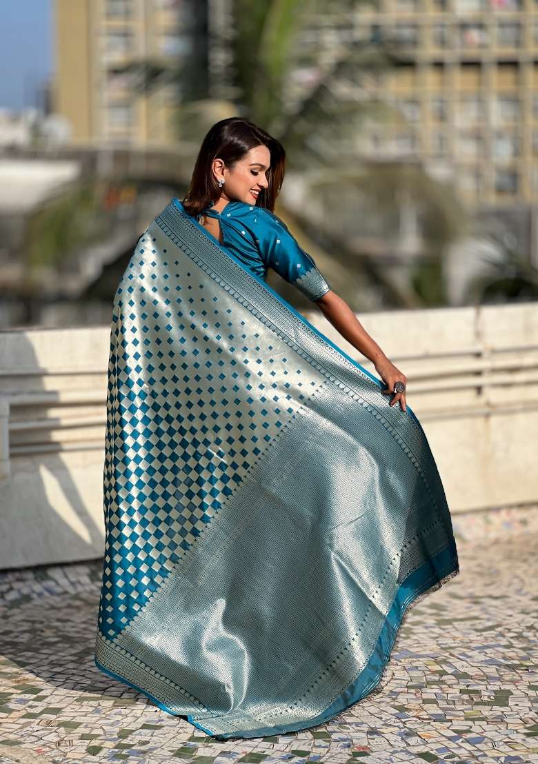 Teal Blue Zari Woven Silk Blend Saree Set - Indya