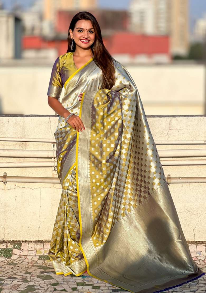 Yellow Zari Woven Silk Blend Saree Set - Indya